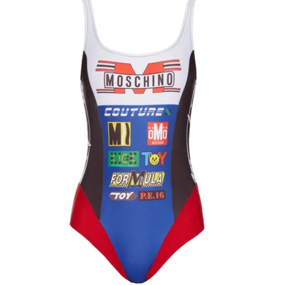 Moschino Graphic Swimsuit in Red, Blue, and Black